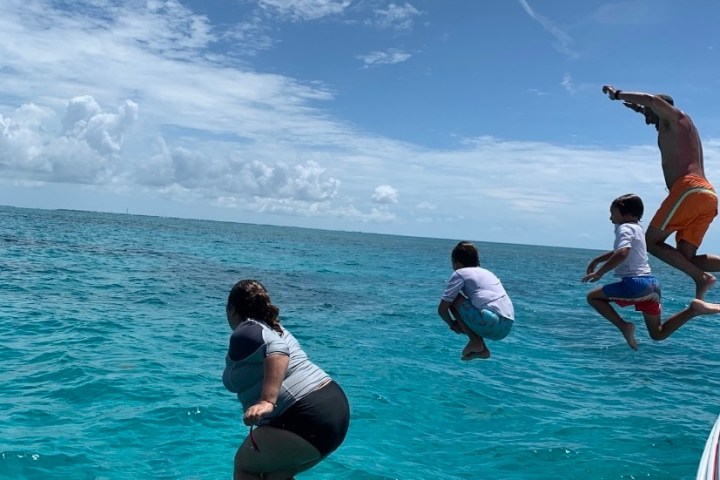 a group of people swimming in the water